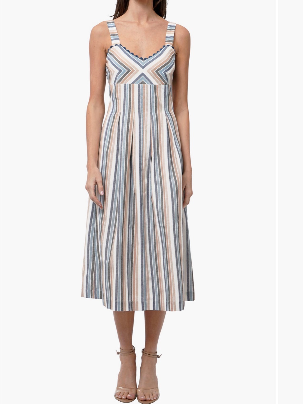 Adelyn Rae Striped Scallop-Trim Midi Dress In Blue, Tan & White